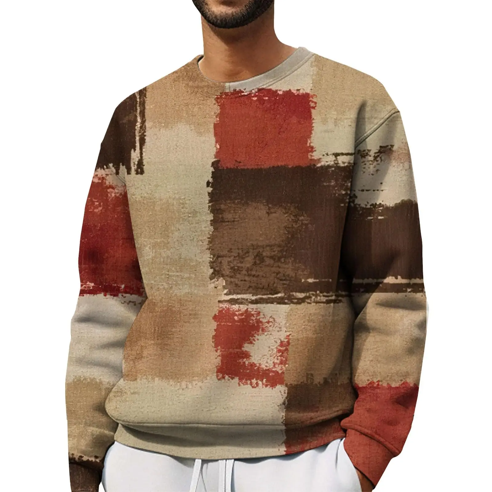 Men's Crew Neck Sweatshirt 3D Plaid Long Sleeve Printed T-shirt Loose Crew Neck Sweatshirt Large Size Men's Tops