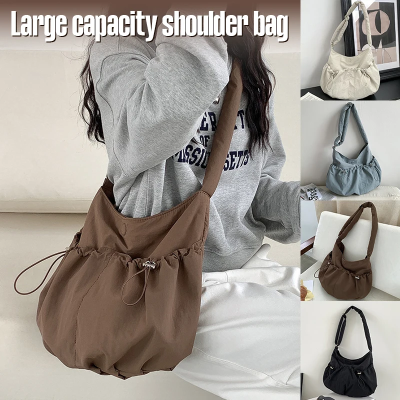 Bolsa de ombro plissada em nylon para meninas, bolsa crossbody feminina de grande capacidade, nicho casual para estudantes universitários coreanos, cor sólida, nova