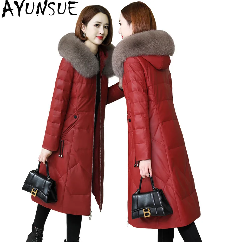AYUNSUE Damska kurtka puchowa z prawdziwej skóry, ciepła zimowa odzież z kołnierzem z futra lisa, długi płaszcz ze skóry owczej dla kobiet Jaqueta Couro