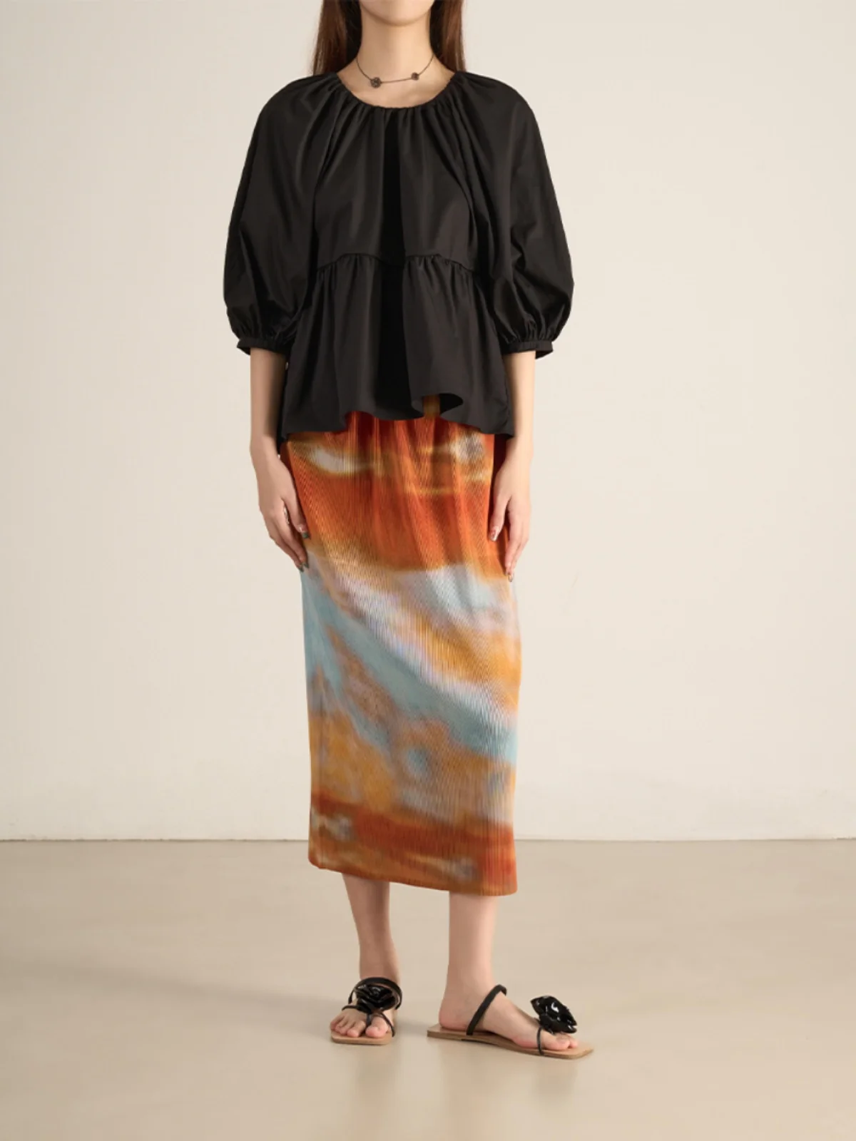 

Sweet Simple Hollow out Ba Knot High Waist Lantern Sve irt Top Women's Loose Fit Cotton Bubble Sve irt