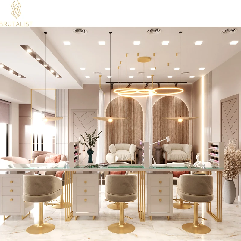 

Мебель для салона красоты, профессиональный индивидуальный 3D-дизайн, дисплей для маникюрного салона, стеклянная столешница, современный салон, маникюрная станция