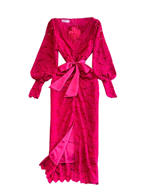 Ele Lace Lantern Sve Wedding Dr Women's Autumn Belted Long Dr High Waist A-Line Skirt Formal Ocn Dr