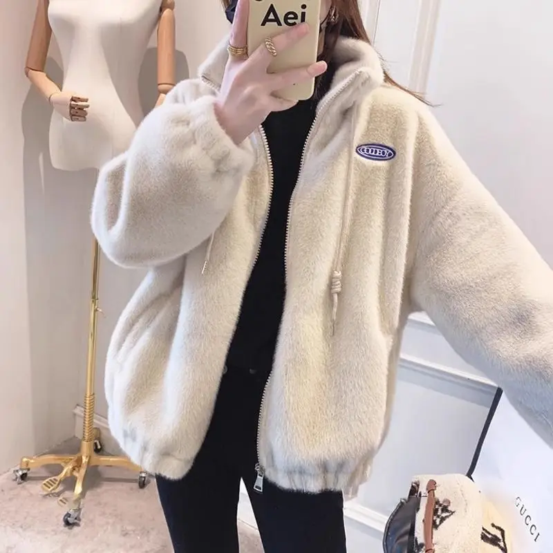 2024 New Imitation Mink Fur Coat Women\'s Slim Stand Collar Short Fur Jacket Autumn Faux Rabbit Zipper Coats Ladies Plush Outwear