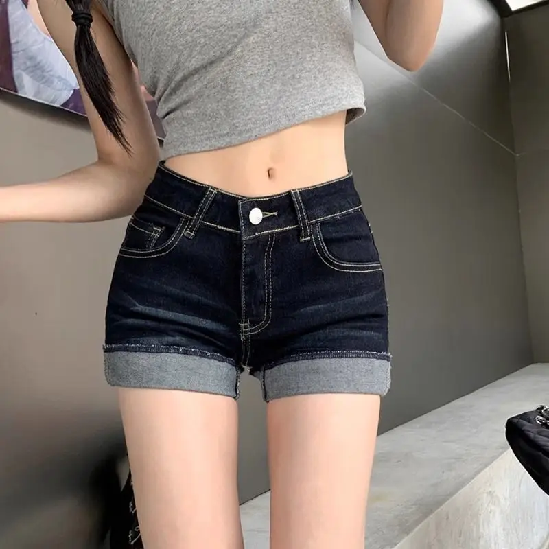 

Washed Cuffed Shorts Women2025Summer Hot Girl High WaistaWord Pants Stretch Skinny Sheath Hot Pants