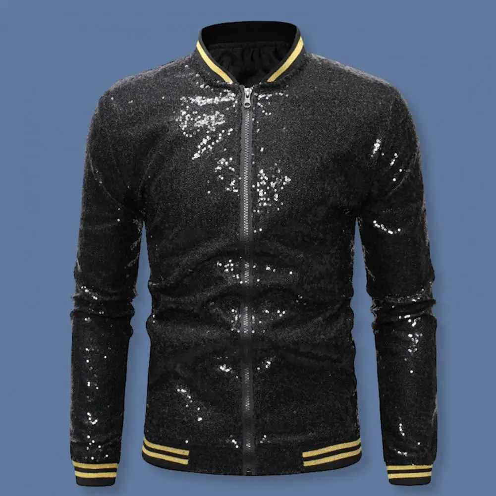 Men Sequin Jacket Sequin Men's Stand Collar Jacket with Shiny Long Sleeves Slim Fit Zipper Closure Mid Length for Stage Shows