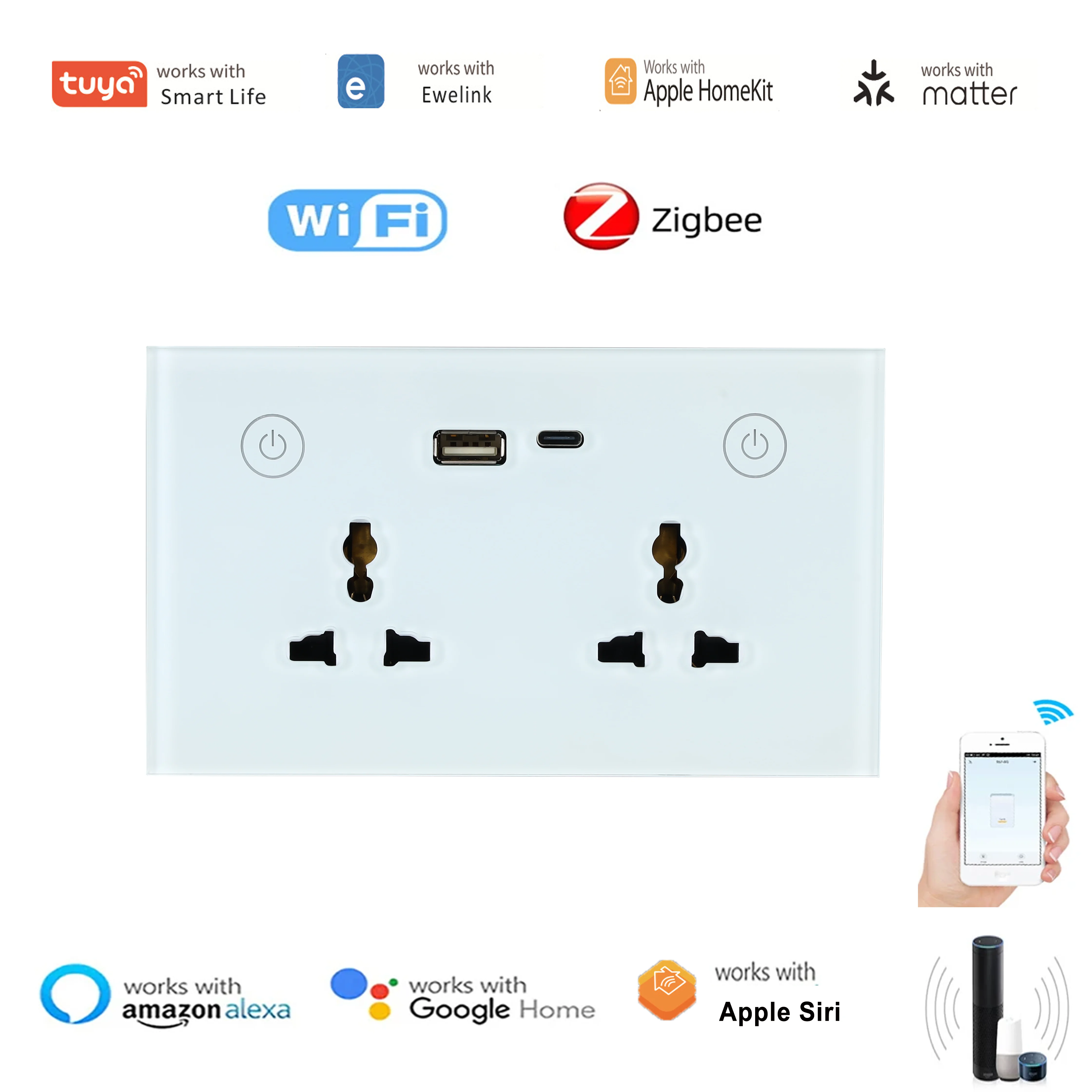 147 Tuya Ewelin Apple HomeKit Matter Zigbee Wifi + Bluetooth Dual Mode Univeral Smart Wall Socket Switch con USB + tipo C Google