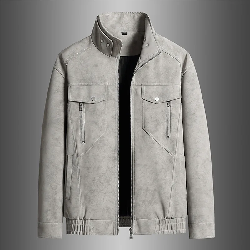 

Men Leather Coat Autumn Motorcycle Punk Solid Stand Collar Man Outerwear Outdoot Windproof Waterproof Long Sleeve Male Jacket