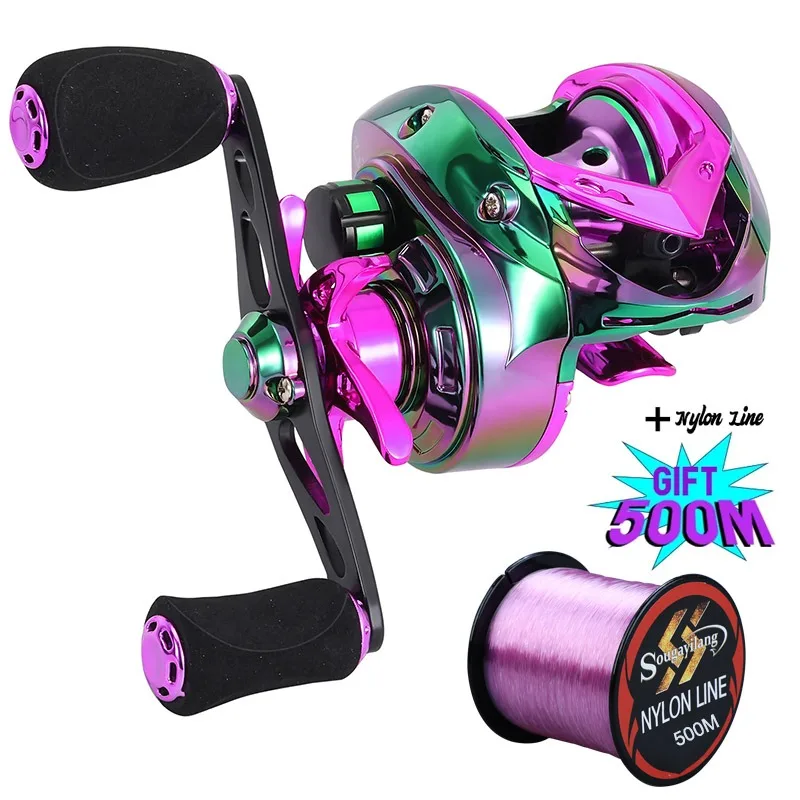 Sougayilang Bunte Baitcasting-Rolle, 7,2:1, 6,5:1, Übersetzungsverhältnis, maximale Zugkraft, 8 kg, Angelrolle mit magnetischer Bremse und 500 m Angelschnur