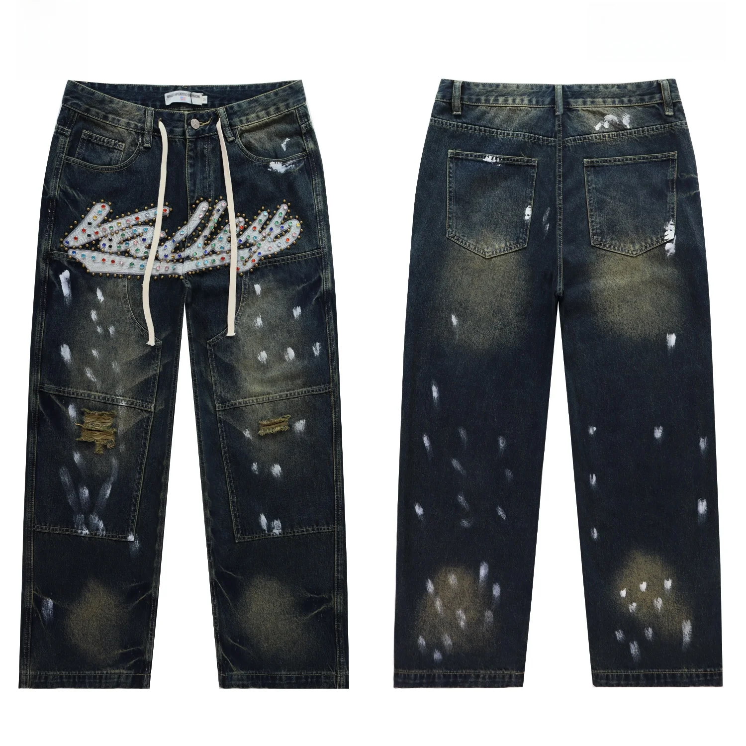 

ValleyV Forever Skittle Men's Embroidered Letter Rhinestone Denim Waed Loose Long Trousers Autumn Wear Youth Casual Jeans