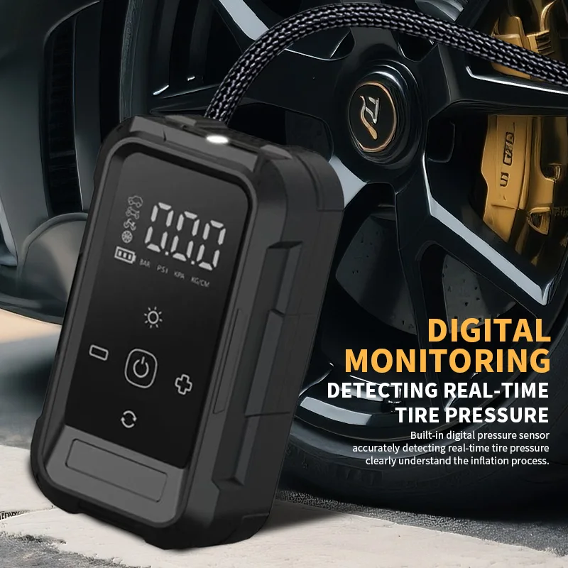 เครื่องอัดลมไร้สายสำหรับรถยนต์ ปั๊มลมไฟฟ้าสำหรับเติมลมยางรถจักรยานยนต์ จักรยาน และรถยนต์ พร้อมไฟ LED