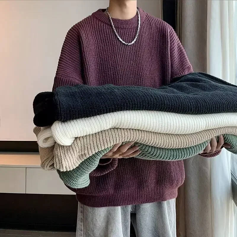 Sweater rajut pria, atasan Pullover lengan panjang leher bulat, rajut longgar kasual Mode Korea, Sweater rajut warna polos untuk musim gugur dan musim dingin