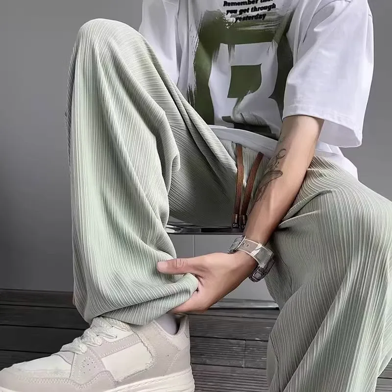 Ice Silk Men's Casual Pants Loose Wide Leg Breathable Summer Long Trousers Straight Cut Teenage Fashionable Casual Pants