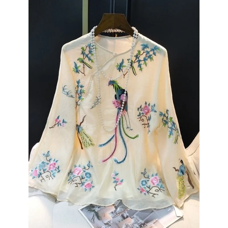 A Retro New Chinese-style Round-neck Embroidered Shirt for Women Fashionable and Versatile Summer Top Traditional Chinese Style