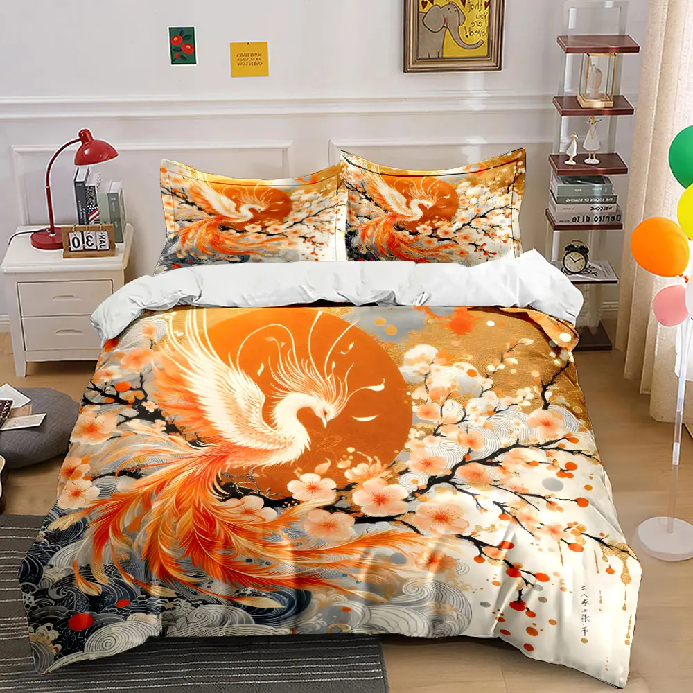 Phoenix with Cherry Blossoms and Rising Sun Bedding Set for Kids Luxury Gift 3pcs Digital Print Comforter Set Soft Comfortable