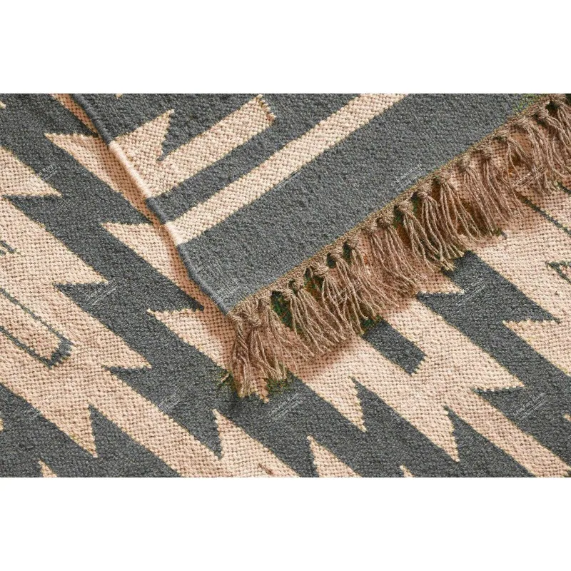 

Bohemian Wool Jute Kilim Rug Off White with Grey Design Rug Fringes Jute Rug