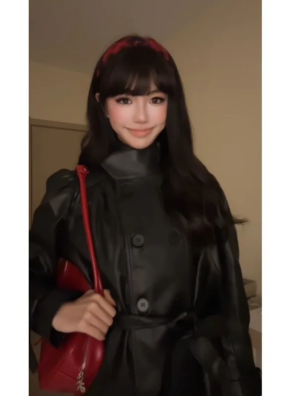 レトロアメリカンファイオンブラレザージャケット女性用ウエストシェイプスタンドカラーコートエレガント冬用アウター