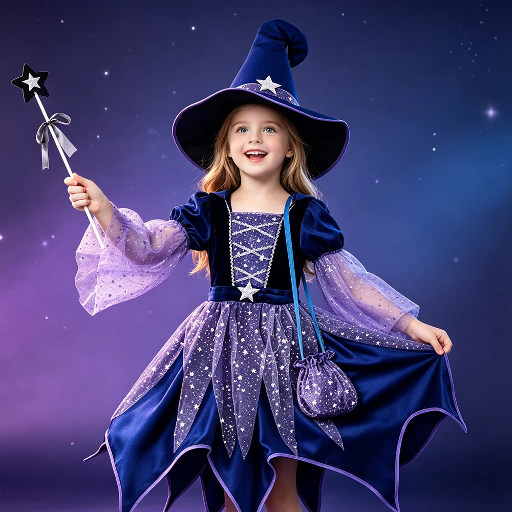 Halloween-Partykostüme, Hexenkleid für Mädchen, Kinder, Karneval, Weihnachten, Halloween, Bühnen-Cosplay-Kleid, Tasche, Hut, Zauberstab – Detail 7
