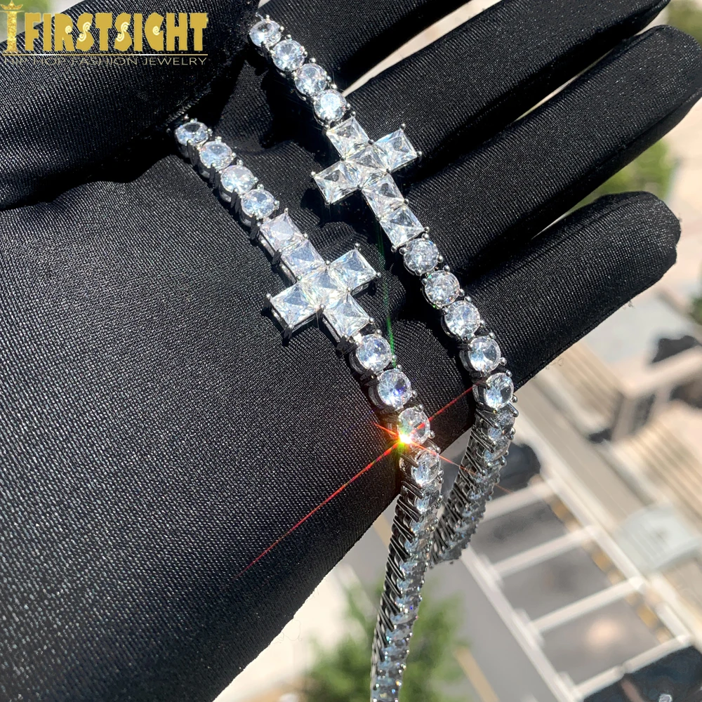 

Новый браслет с крестом Iced Out, серебряный цвет, кубический цирконий, 5 мм, теннисная цепочка, квадратный камень, крест, подвеска для женщин и мужчин, ювелирные изделия в стиле хоп