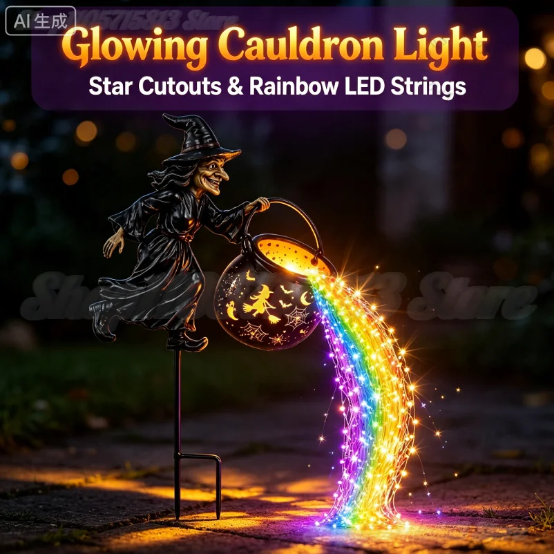 Halloween Witch Cauldron Garden Light,Colorful Waterfall-Style Light Flow Flying Witch Garden Stake,Halloween Decorations