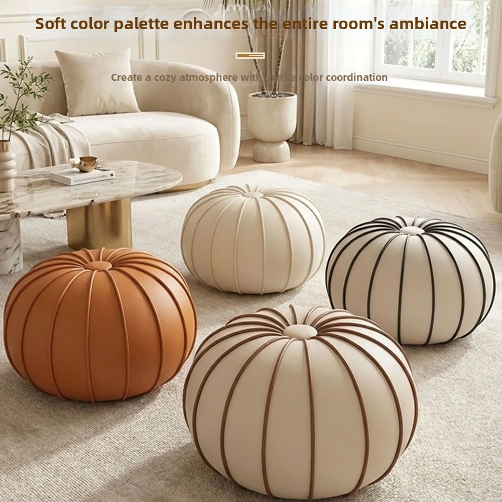PU Leather Pouf Ottoman Cover Unstuffed Large Capacity Sofa Footstool Cover Minimalist Round Pumpkin Pouf Cover Entrance