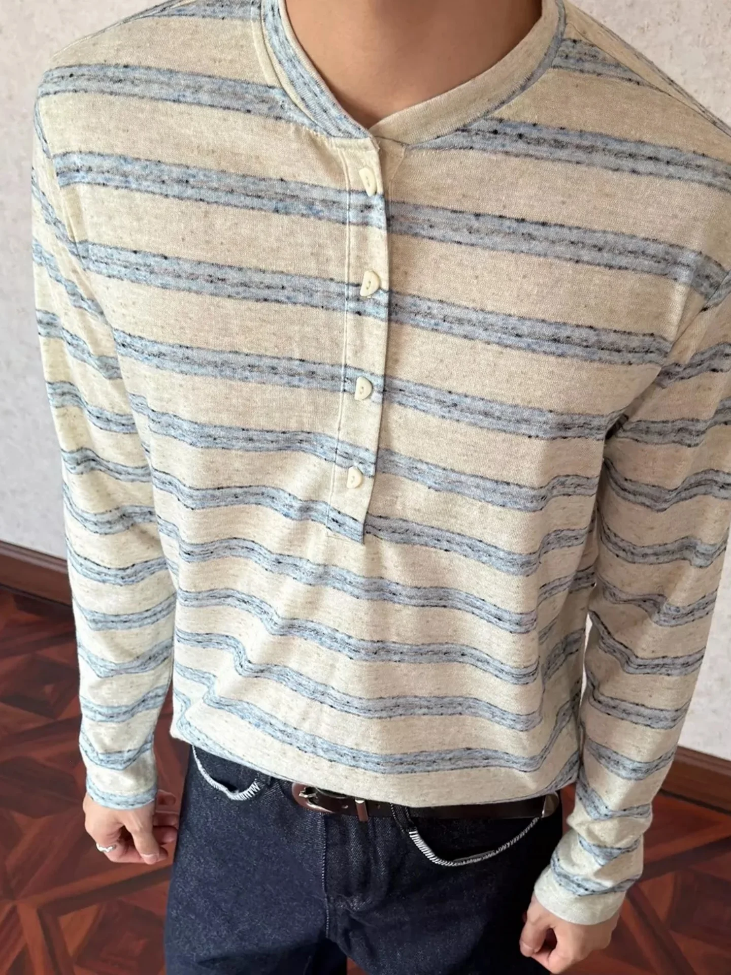 Button-Up Long Sleeve Striped Base Shirt Men's Vintage Retro Color Block Henley Neck T-Shirt Cover up for Autumn Season