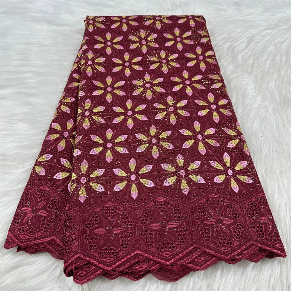 

Хлопковая вышитая кружевная винная африканская кружевная ткань 2025, швейцарская вуаль, кружевная ткань с камнями, нигерийская вечерние кружевная ткань
