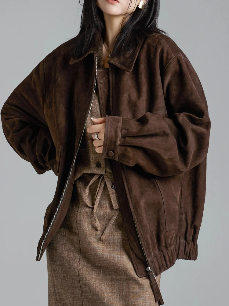 Vestes Vintage en daim et cuir véritable pour femmes, nouveau manteau haut de gamme, Simple, solide, ample, décontracté, en peau de mouton véritable, automne hiver 2025