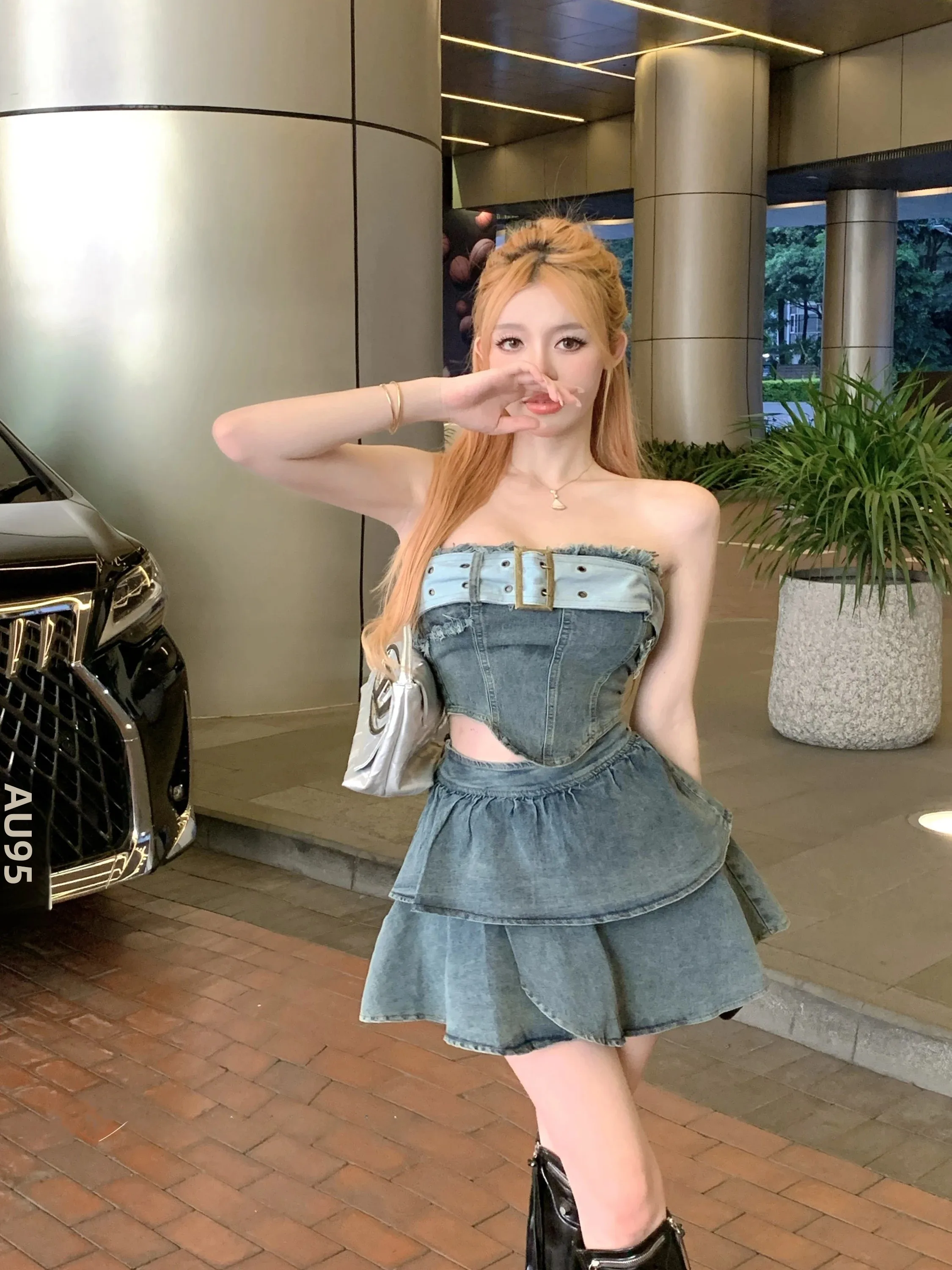 

Retro Spicy Girl Denim Frayed Tube Top Vest Women's Summer Slim High Waist Skirt Two Piece Set Short Skirt Two Piece Set