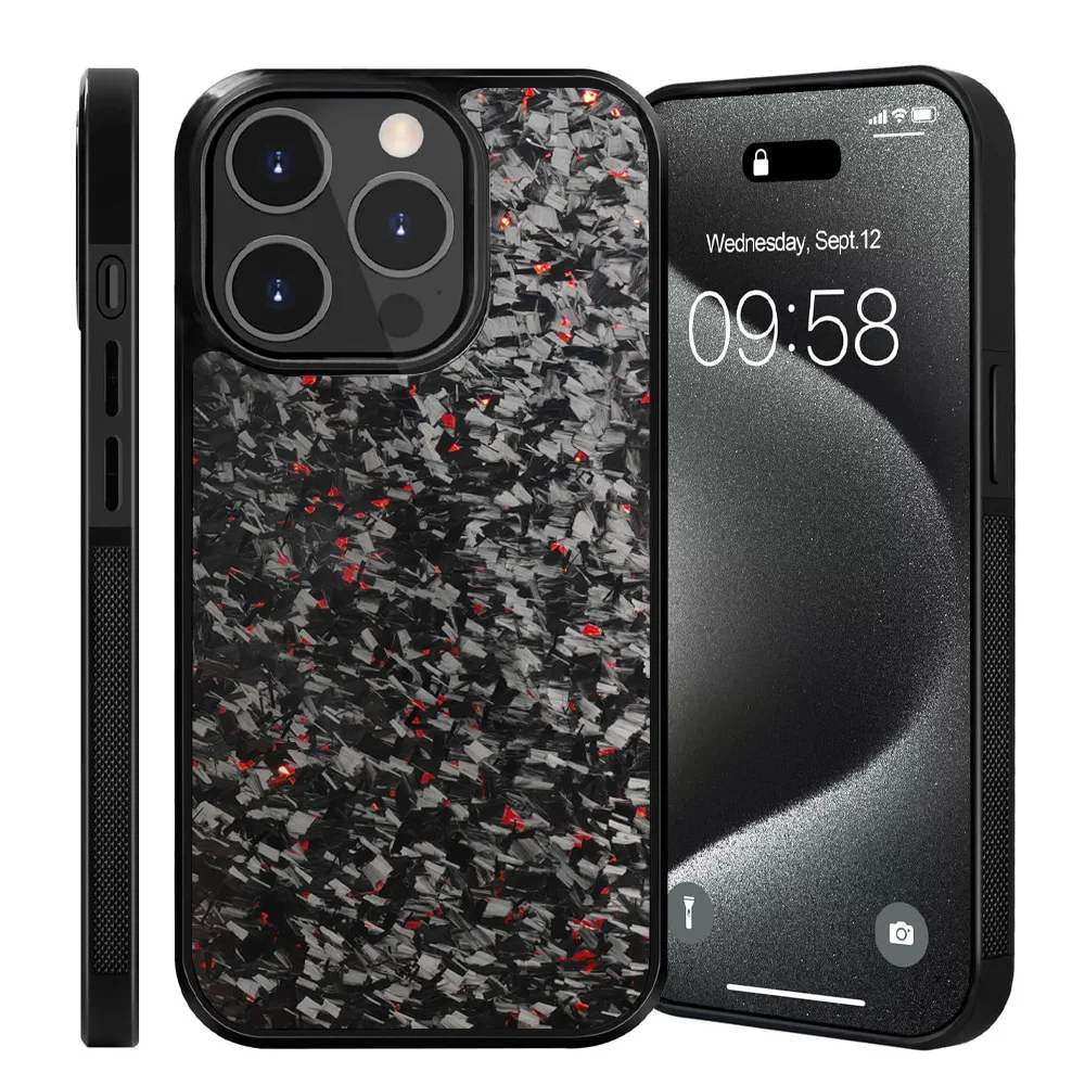 本物の光沢のある鍛造カーボン + TPU ケース iPhone 17 16 15 14 13 12 11 Pro Max 14+ 15+ 耐衝撃 フルプロテクション スマホ背面カバー