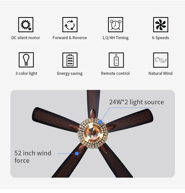 Luxury Crystal Solid Wood 5 Blade Remote Control Retro Ceiling Fan Lights Ceiling Fans For Home Ceiling