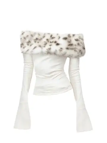 Luxury Fur Graphic Long Sleeve T Shirt Y2k Women Autumn Winter Off Shoulder Tops 2000s Vintage Basic Blouse Tees White Shirt