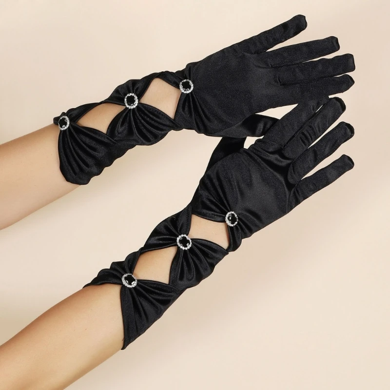 Evening Banquet Satin Gloves Prom Accessory Black Crystal Gloves for Opera Flapper Ladies Theme Prom Costume