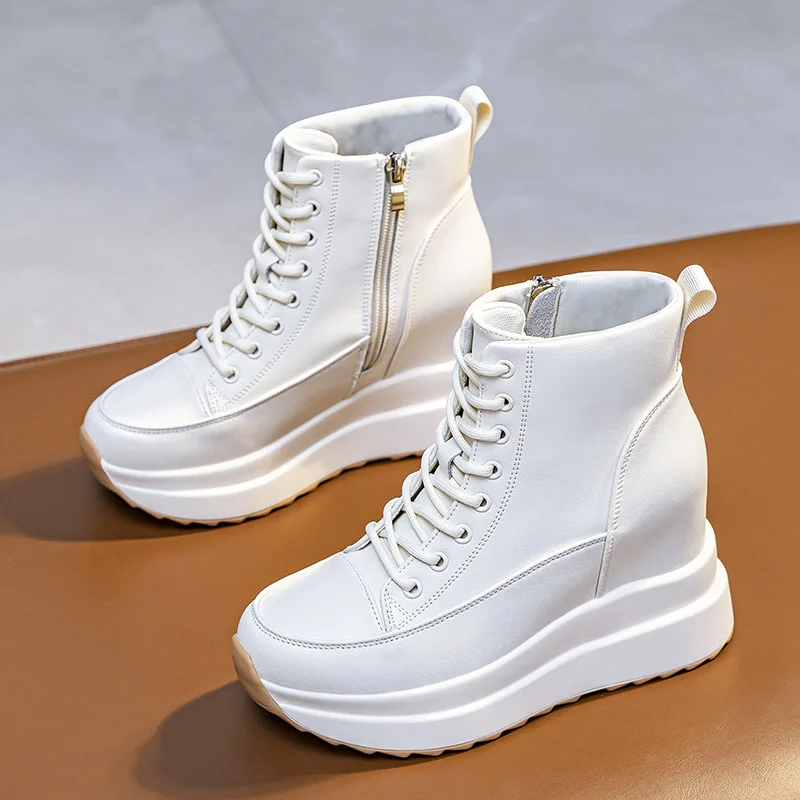 

Genuine Leather Shoes Women Fashion Sneakers Flat Platform Brand Ladies Casual Shoes Height Increasing 9cm Black Beige D598