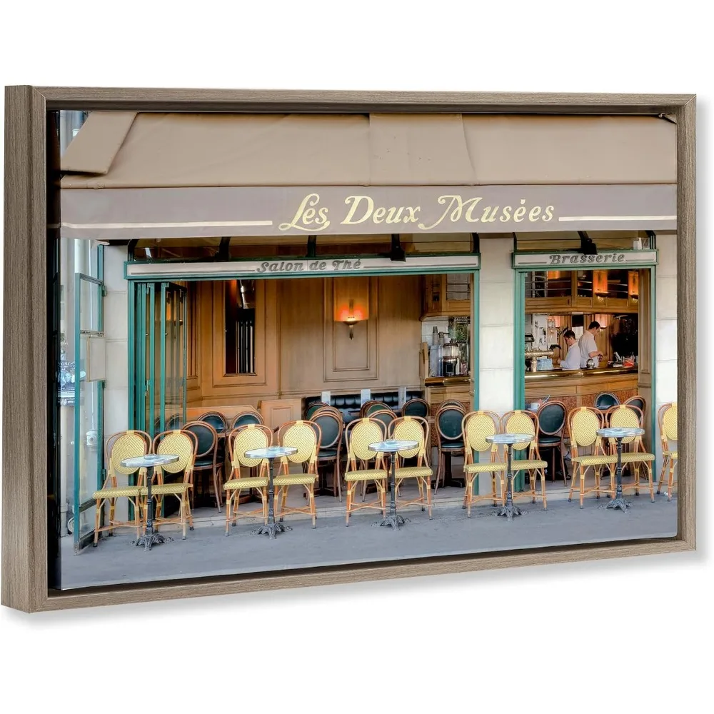 Parisian Outdoor Cafe Seating Art, Earth Tone Cityscape, 20 x 30 Inch Gallery Wrapped Canvas