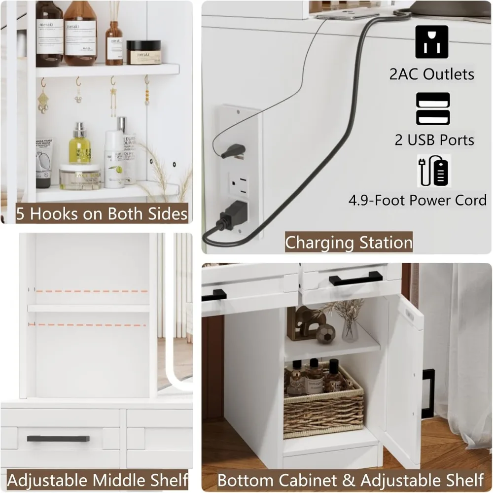 Bureau de maquillage de ferme avec miroir coulissant et station de charge, table de courtoisie avec lumières et étagères de rangement cachées