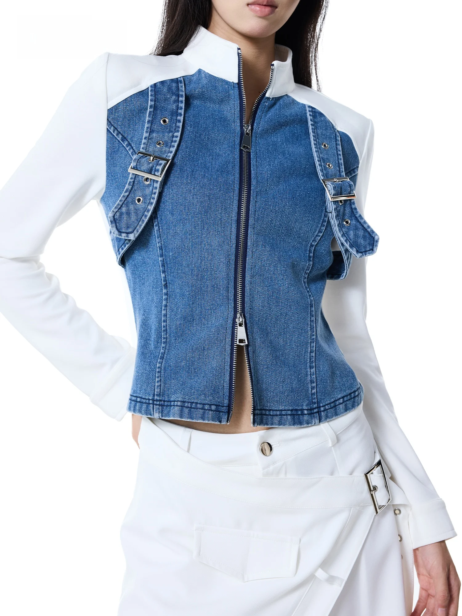 EDX Design Autumn 2026 Women's Slim Fit Zipper Denim Patchwork Stand Collar Short Jacket Street Style Functional Fashion Top