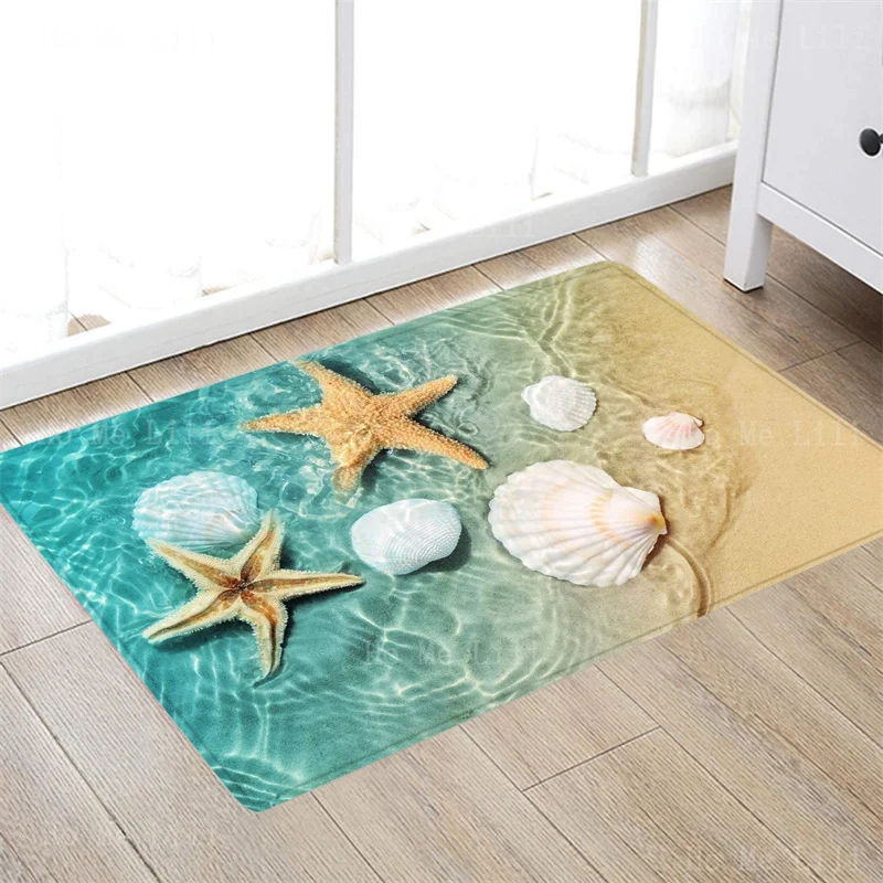 3D Beach Starfish Scallop Ocean Shell Marine Life Bright Clear Water Print Flannel Floor Rugs Home Decor Carpet For Living Room