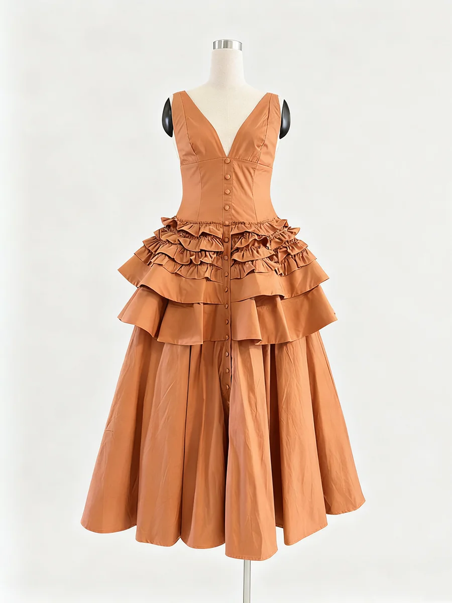 TWOTWINSTYLE الصلبة تقسم الكشكشة طيات فساتين طويلة أنيقة للنساء الخامس الرقبة أكمام تونك المرقعة أزرار فستان الإناث