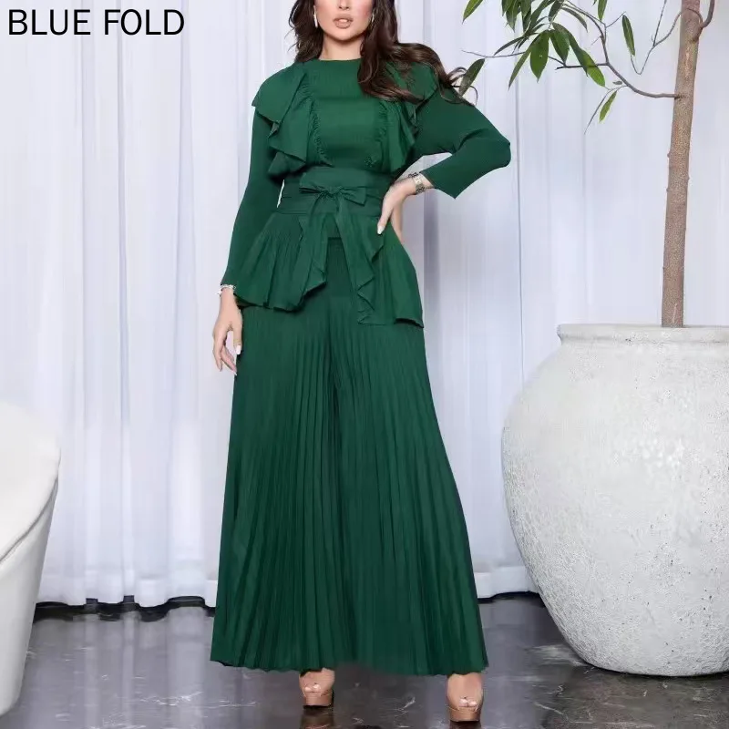 

MIYAKE Ruffled Two-piece Set Autumn New Solid Color Loose Long-sleeved Top + Wide-leg Trousers Set PLEATS Trousers Sets