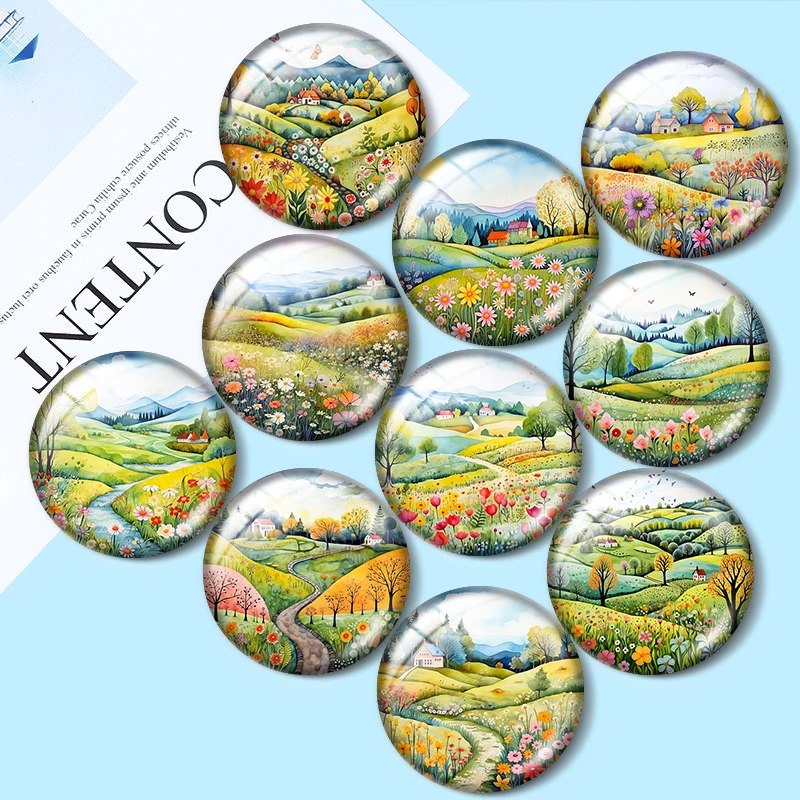 Watercolor Folk Art Spring Meadow 12mm/18mm/20mm/25mm Round photo glass cabochon flat back Making findings for bracelets