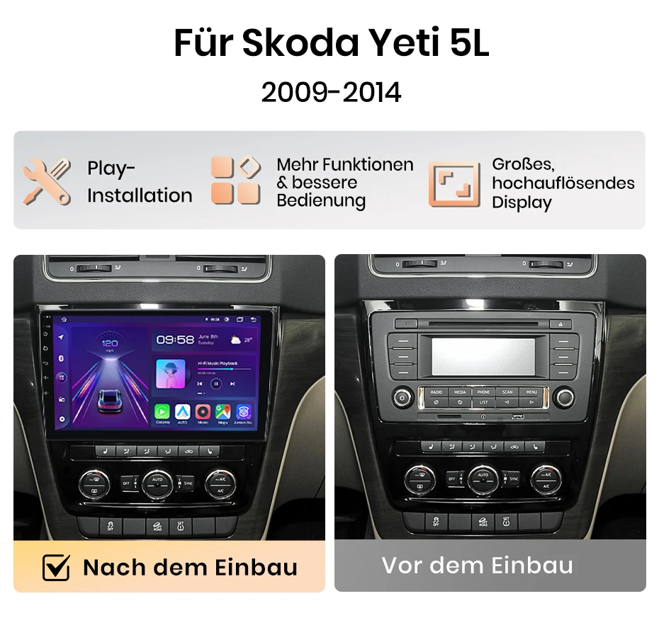 Junsun 10 Zoll Android 15 Autoradio für Skoda Yeti 5L 2009-2014, kabelloses Apple CarPlay, Auto-IPS-Bildschirm, Stereo-Multimedia-Videoplayer, intelligente Fahrzeugsysteme, 2-DIN-Autoradio-Haupteinheit, GPS-Navigation, BT, 4G, WLAN, 8-Kern-Prozessor, FM, AM, DSP, RDS, SWC, DAB+ – Detail 3
