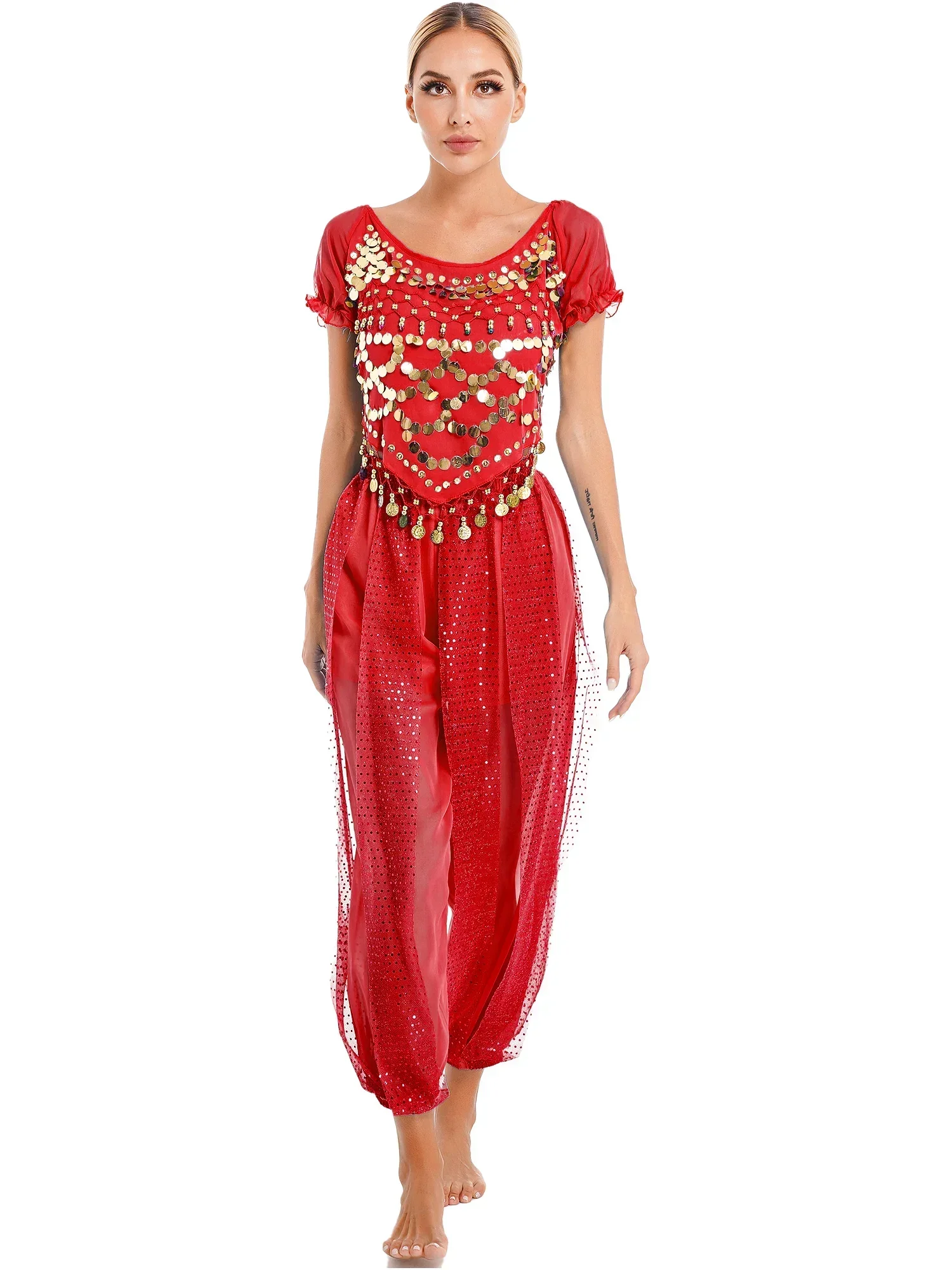 Womens Belly Dance Costume Bollywood Indian Cosplay Outfits Sparkly Sequin Puff Sleeve Lace-up Back Crop Top with Harem Pants