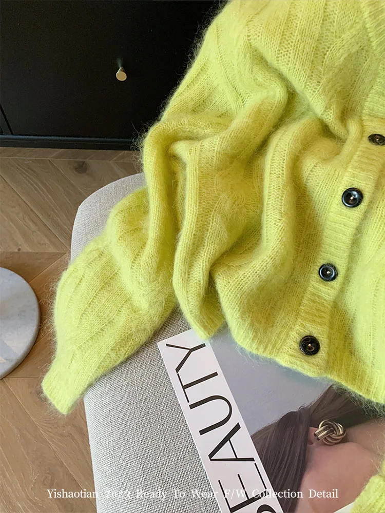 Coreano Inverno Autunno Donna Con Scollo A V Cardigan Verde Accogliente Top in Cashmere Capispalla Lavorato a Maglia Manica Lunga Harajuku Coquette