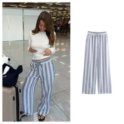 PB&ZA2024 Summer New Women's Fashion temperament casual loose and versatile linen blend striped printed straight leg pants