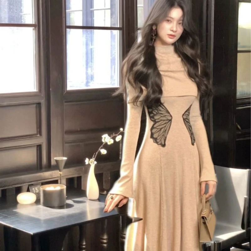 Y2K風ツーピースセット レディース レースニット ハイウエストワンピース + ハーフハイカラースモックワンピース 2025 フェアリーグランジスーツ