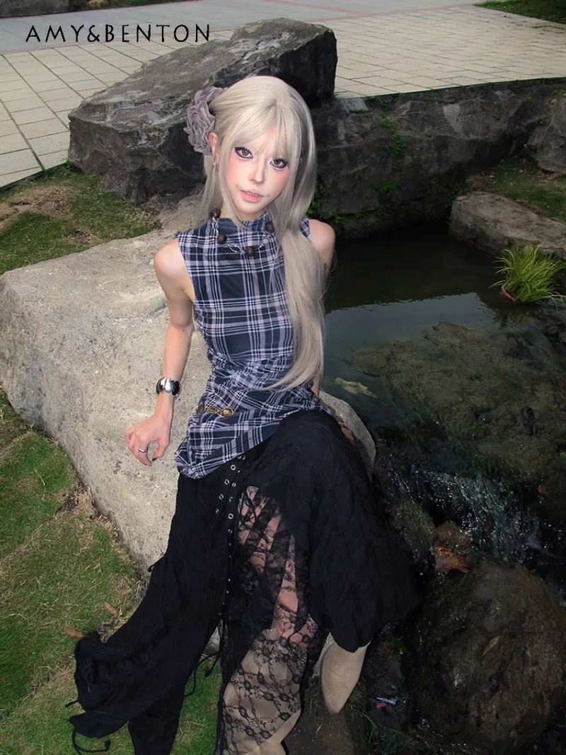 

2025 New American Summer Millennium Plaid Waist Retro Mesh Yabi Wear Vest Dress For Women