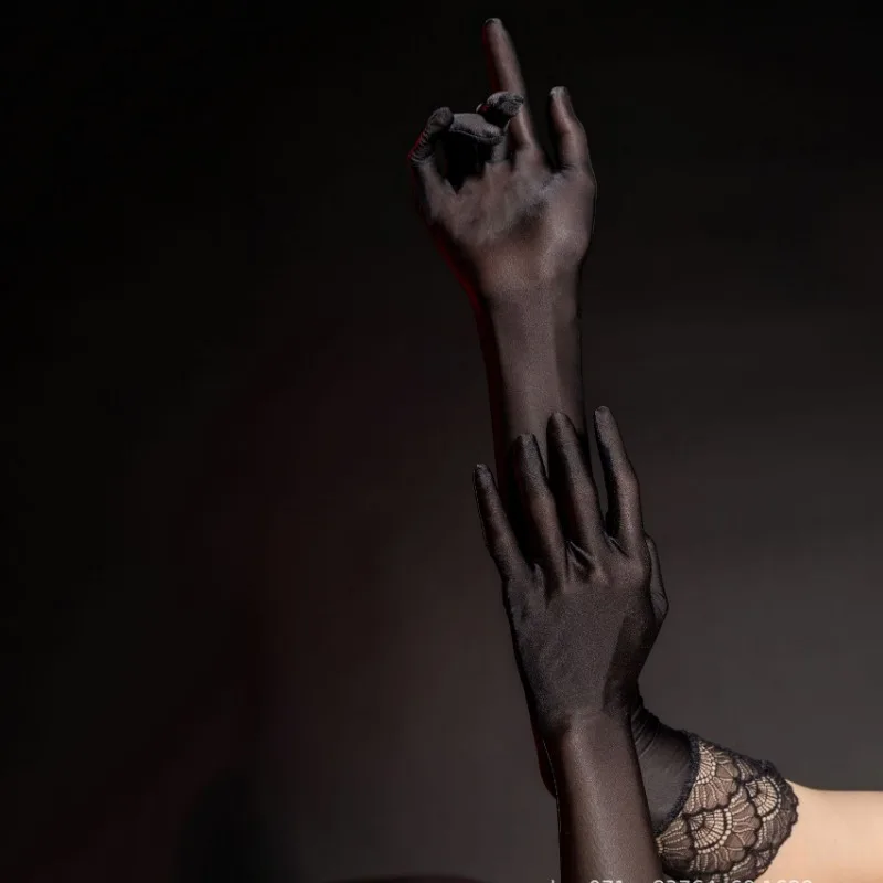 51 سنتيمتر النساء ضيق رقيقة مثير إغراء الدانتيل الزيتي قفازات طويلة مرونة تنفس شفافة مرحلة الأداء أوبرا تأثيري