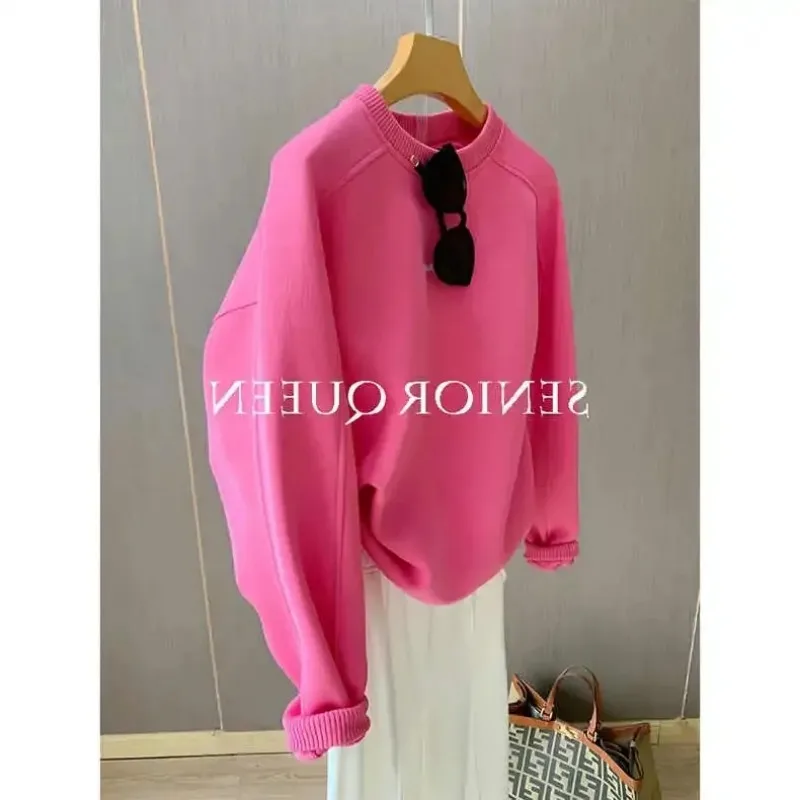

Rose Red Hatless Sweatshirt for Women in Autumn and Winter Thin Loose Long-sleeved Base Thick Top Versatile Pullover