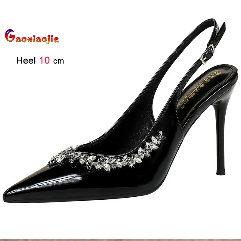 

Новые черные женские туфли на высоком каблуке со стразами 10 см, женские туфли-лодочки из лакированной кожи с острым ремешком сзади, сандалии с пряжкой и ремешком, обувь для вечеринок