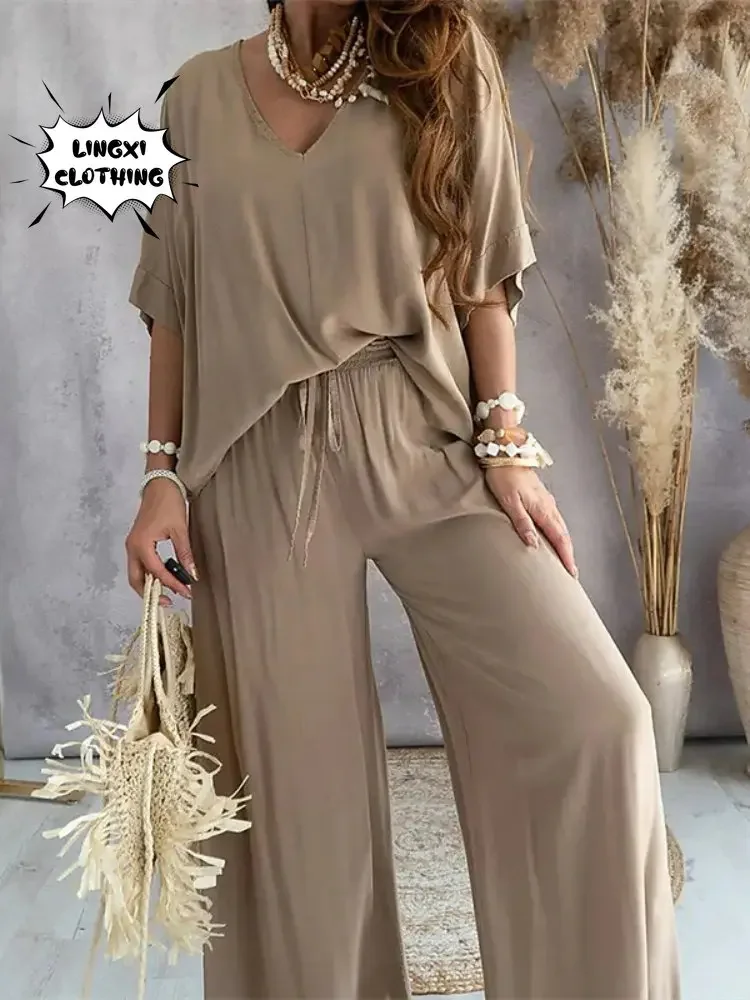 2024 Summer Fashion New Women\'s Elegant Loose High Waist Plus Size Set Off Back Elastic Waist Retro Damski dwuczęściowy zestaw